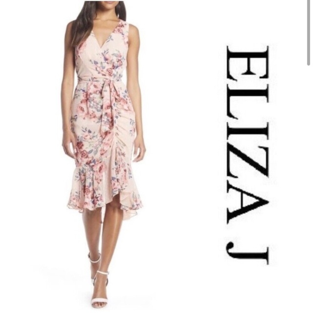 NWT🎀 Eliza J Sleeveless Floral Ruched Chiffon Faux Wrap Dress in Blush Size 6!